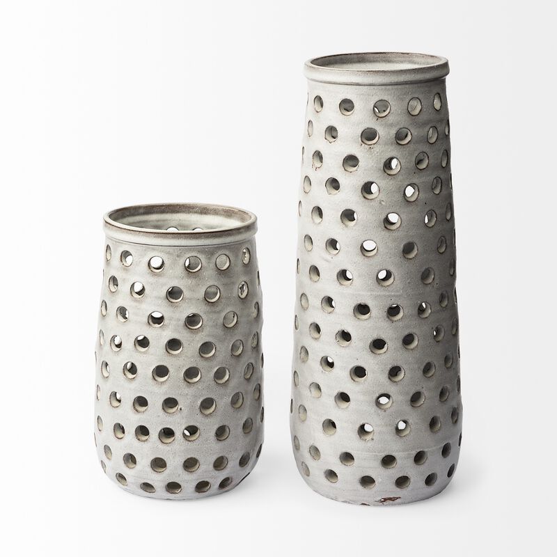 Glazed Ceramic Vase with Pierced Dot Design for Table or Shelf Display