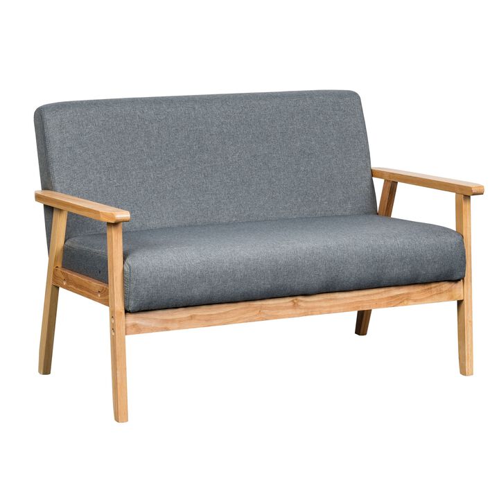 Gala 45 Inch Modern Loveseat Bench, Gray Fabric, Natural Brown Wood Frame