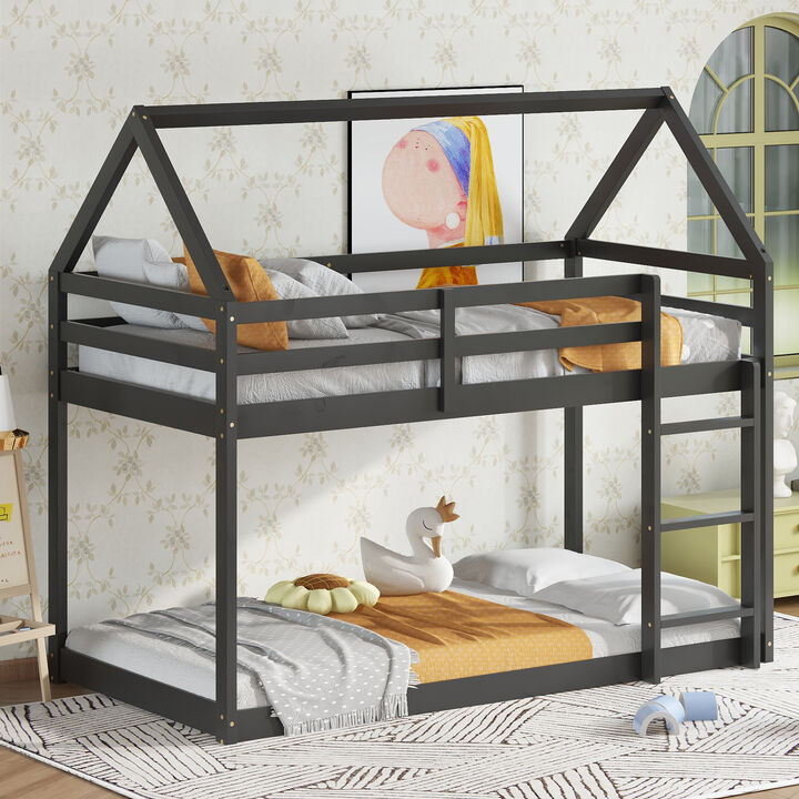Whisen Twin over Twin Rubber Wood House-Shaped Floor Bunk Bed with ladder and Safety Guardrails