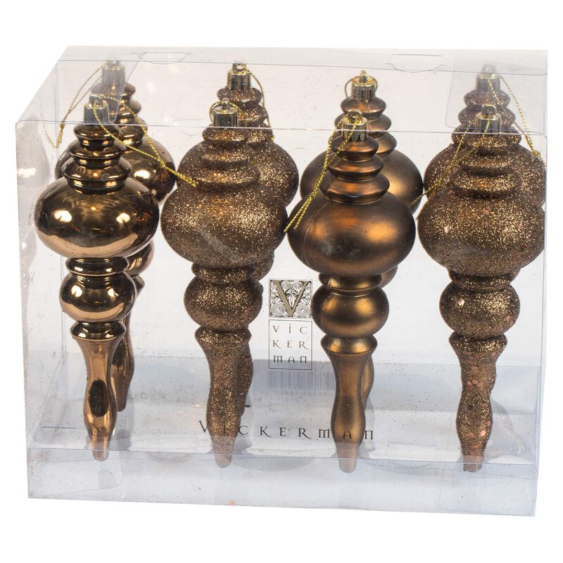 Vickerman 7" 4-Finish Finial Ornament, Shatterproof Plastic Christmas Tree Decoration, 8 Pack, Mocha Shiny, Matte, Glitter and Sequin Finishes image number 3
