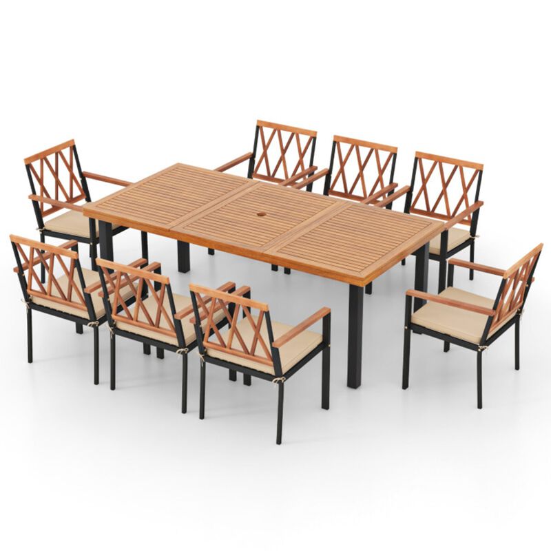 Mondawe 9-Pcs Patio Dinner Set,79" Acacia Table With Umbrella Hole & 8 Removable Cushions Armchairs
