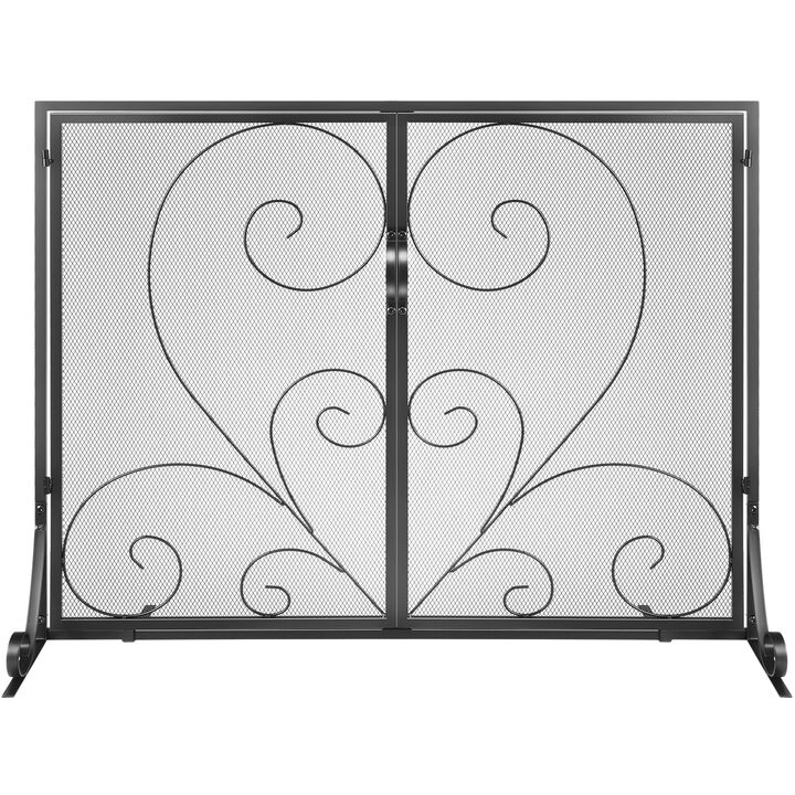 Single Panel Fireplace Screen with Door, Sturdy Iron Mesh Fire Guard for Indoor Hearth-Black