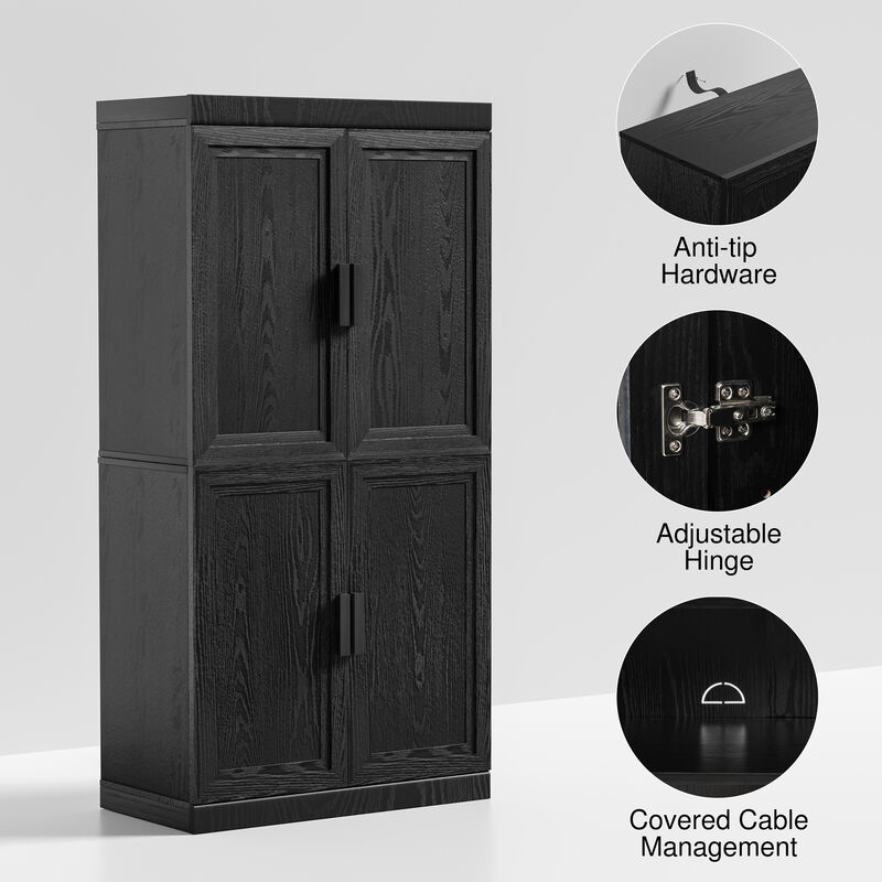 62" High Black Wood Grain Decorative Storage Cabinet with Sufficient Space for 12 Shelves image number 4