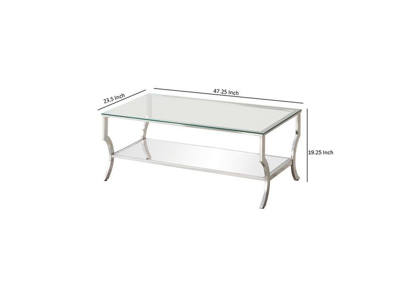 Glass Top Coffee Table with Metal Frame and Mirror Shelf, Chrome - Benzara