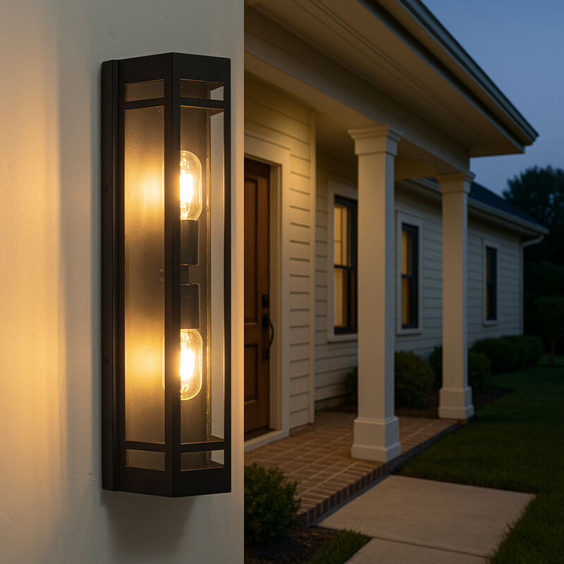 2-Light H20" Modern Black Outdoor Wall Light with Dusk-to-Dawn Sensor and Clear Tempered Glass Weather-Resistant Front Door Garage Exterior Lighting Fixture image number 1
