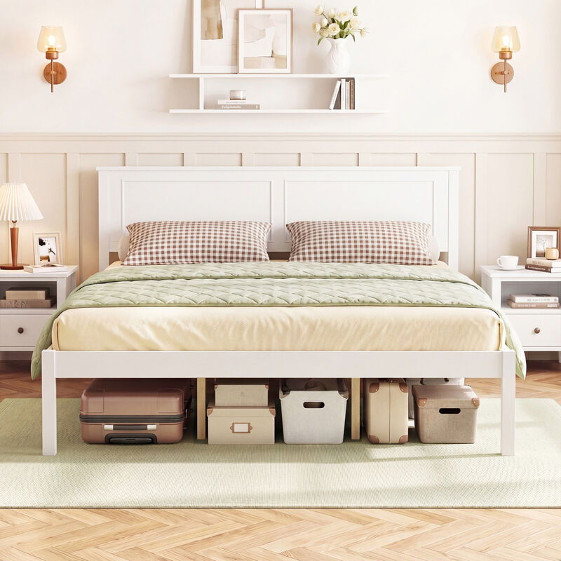 Farmhouse Wood Bed Frame with Headboard and Platform Design for Bedroom-White image number 3