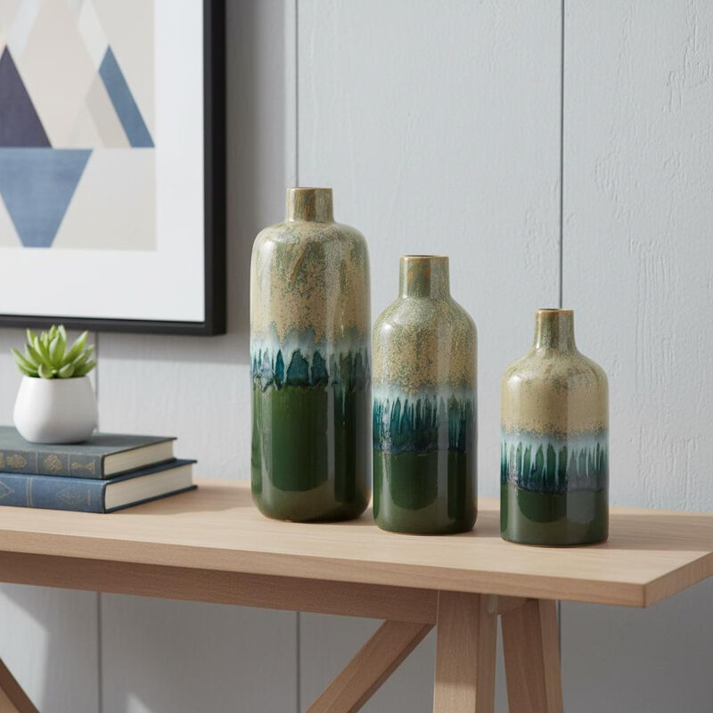 HomeRoots Set of Three Beige Blue And Green Round Ceramic Table Vase image number 1