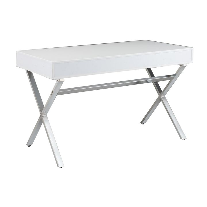 Gracie 47 Inch Desk, White Rectangular Top, 2 Drawers, Chrome Metal Legs - Benzara