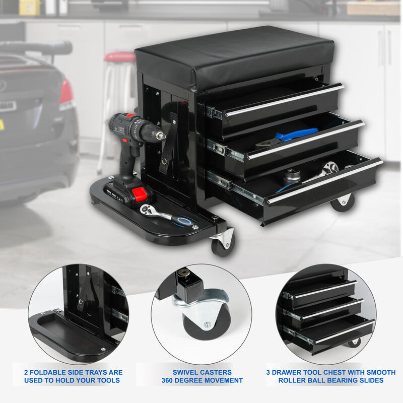 ELEMENT ACE 3-Drawer Rolling Mechanic Seat with Tool Trays, 350lbs Maximum Weight Capacity, Heavy-Duty Garage Work Stool with Swivel Casters and Ample Tool Storage image number 5