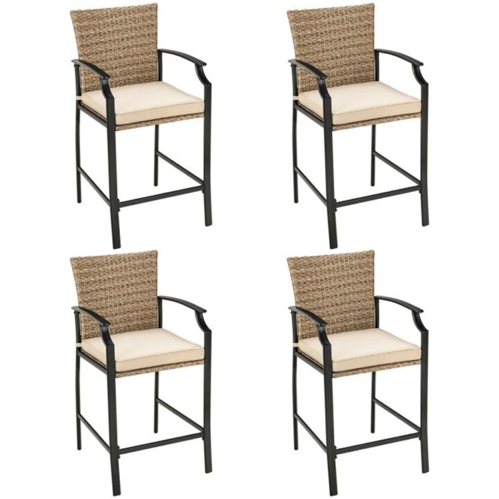 Hivvago Patio Rattan Bar Stools Set of 4 with Soft Cushions