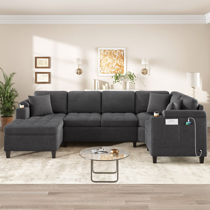Merax Modern U-shaped Sectional Sofa  Corner Sectional Living Room Couch Oversized Sectional with with Built-in Cup Holders