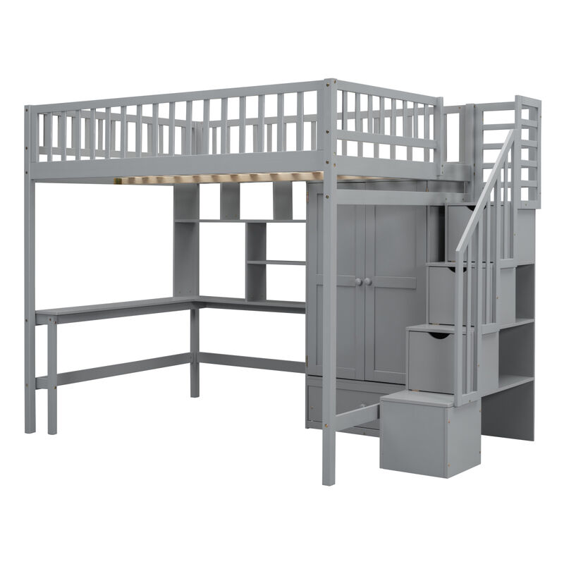 Full size Loft Bed with Bookshelf, Drawers, Desk, and Wardrobe Gray