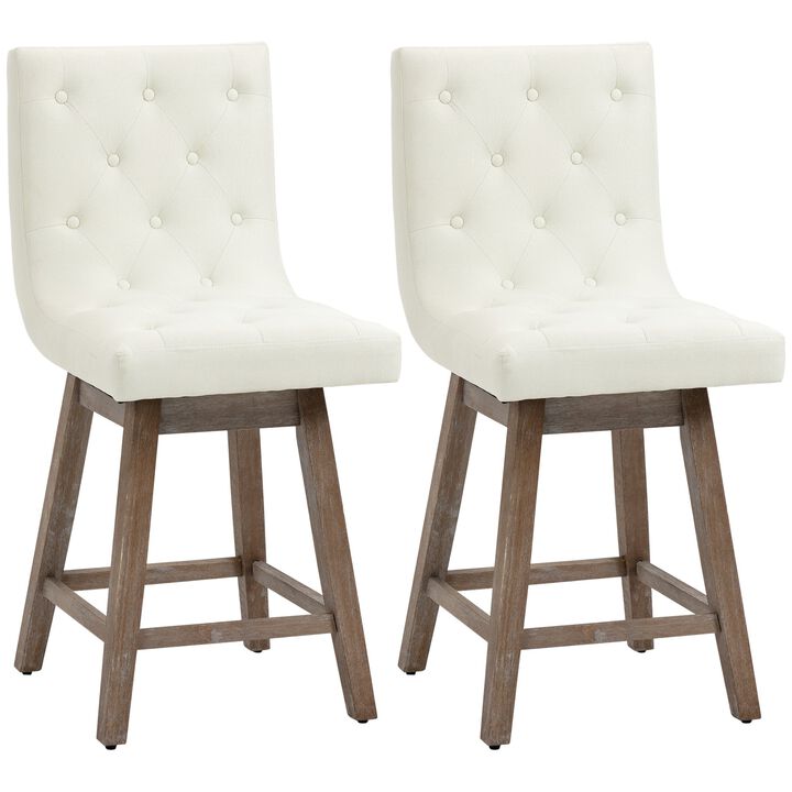 Bar Stools Set of 2, Swivel Bar Chairs, 25.5" High Fabric Tufted Breakfast Barstools for Kitchen Counter, Cream White