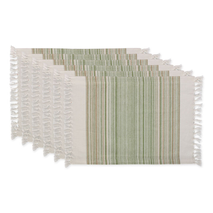 Set of 6 Green And Brown Striped Fringed Rectangular Placemat 19"