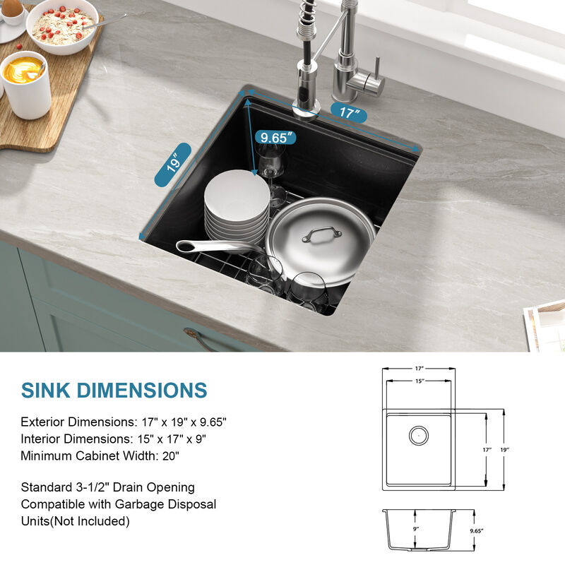 17 in. Undermount Single Bowl Workstation Black Quartz Composite Kitchen Sink Round Corner with Bottom Grid. image number 6