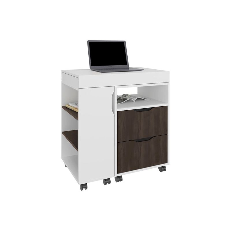 Odessa Extendable Desk, 2 Drawers, 4 Shelves, 4 Wheels, White/Walnut