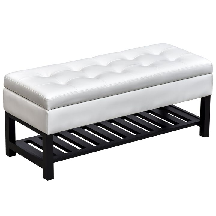 44" Tufted Faux Leather Ottoman Storage Bench with Shoe Rack - White