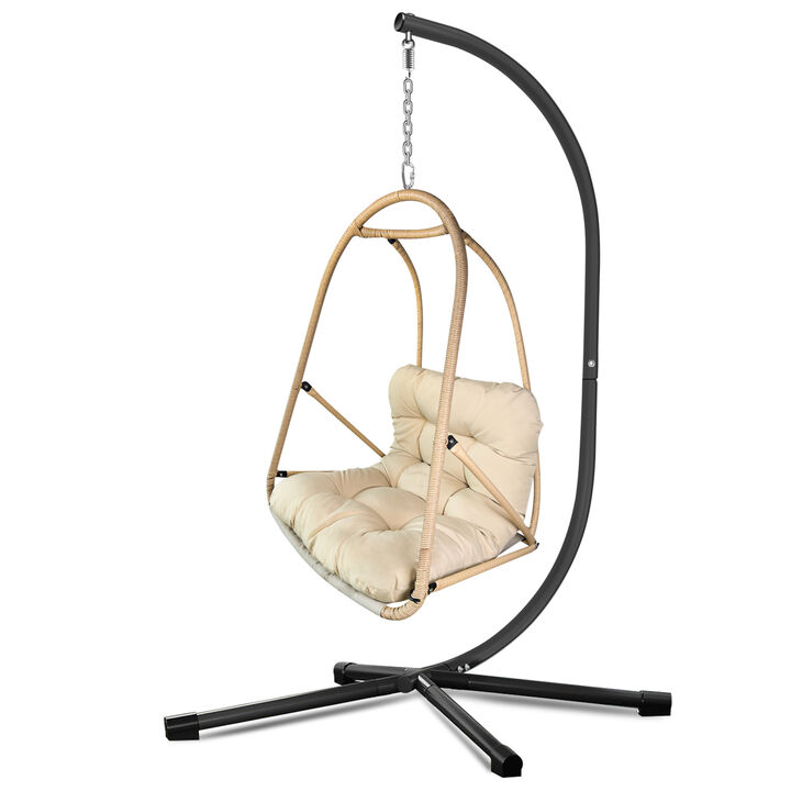 WOW PIONEER Swing Egg Chair with Stand - Indoor Outdoor Wicker Rattan Patio Basket Hanging Chair, Foldable Design with Cushion Pillow and Built-in Cup Holder, 350lb Capacity