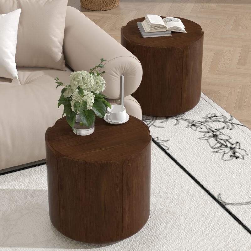 19.29"H Round Outdoor Indoor Side Table Set, Modern Wood Grain Patio Garden Stool Set, Set of 2 image number 1