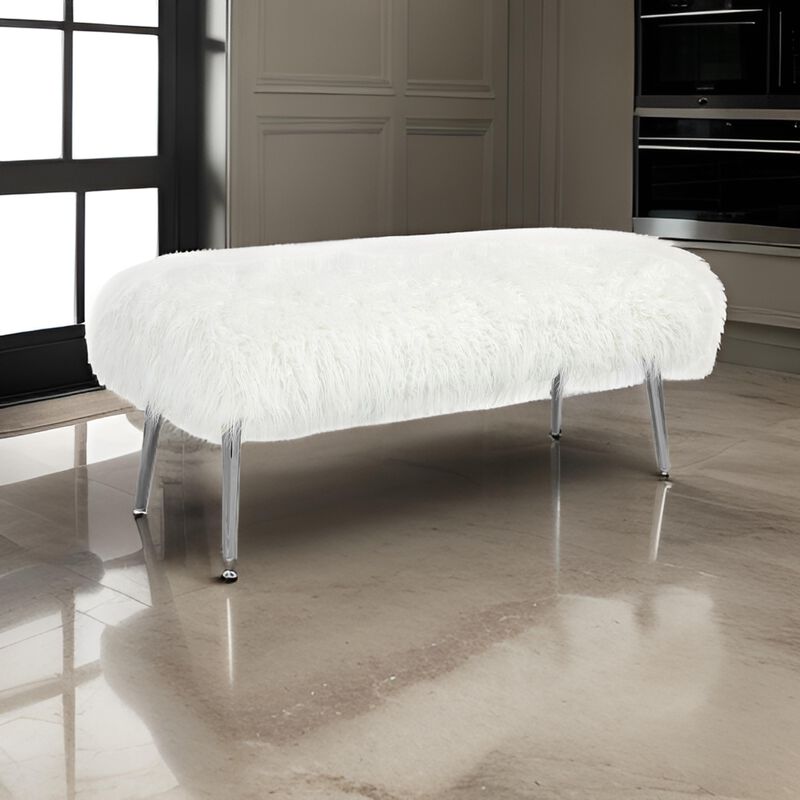 Ammy 45 Inch Bench with Foam Fill Seat, White Faux Fur, Silver Metal Legs - Benzara