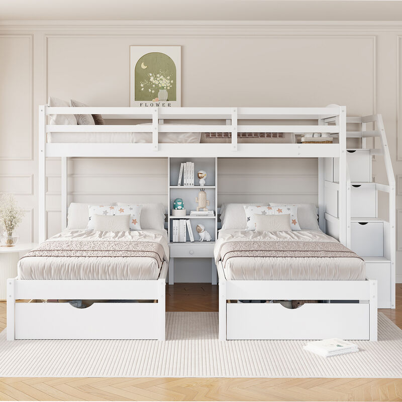 Whisen Twin over Twin Bunk Bed with Drawers, Slide & Shelves, Solid Pine for Kids Bedroom image number 3