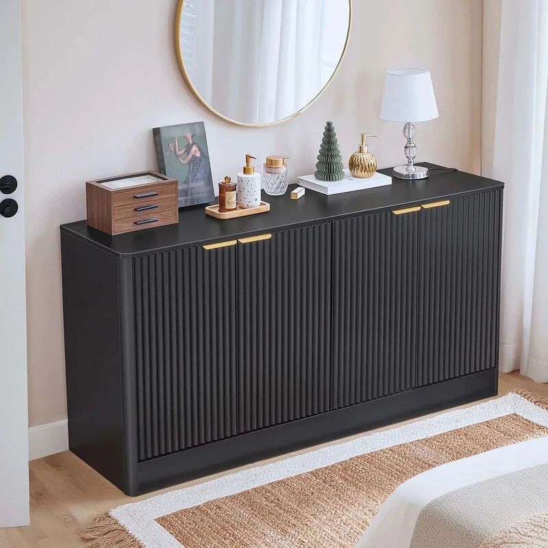 Modern Sideboard Cabinet with Wave Pattern and Adjustable Storage Shelving-Black image number 5