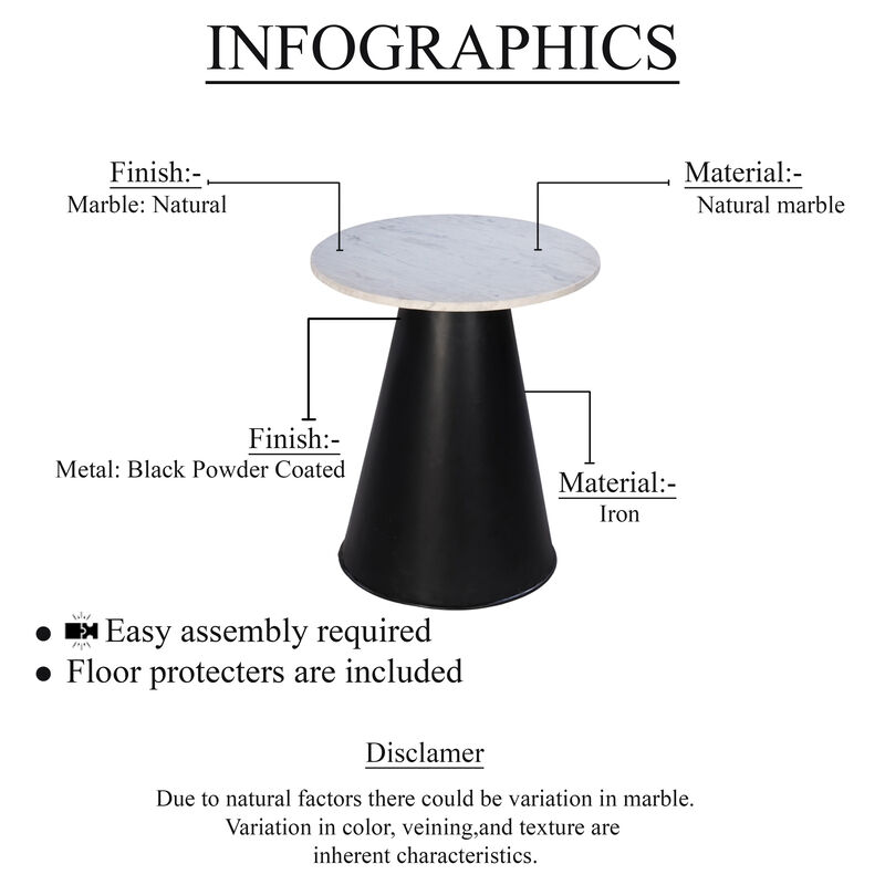 Riko Side End Table, White Natural Marble 18 Inch Round Top, Modern Black Pedestal Base