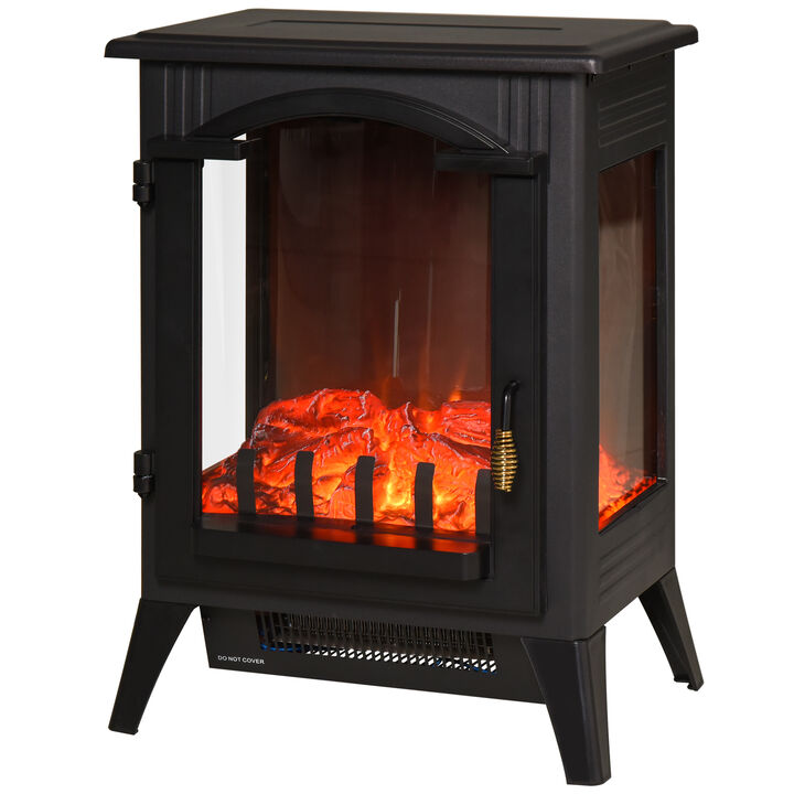 HOMCOM 23" Electric Fireplace Heater, Fire Place Stove with Realistic LED Flames and Logs and Overheating Protection, 750W/1500W, Black