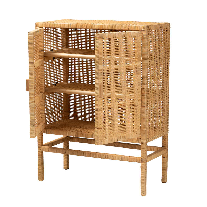 Bali & Pari Vivan Modern Natural Brown Rattan and Mahogany Wood 3-Shelf Storage Cabinet