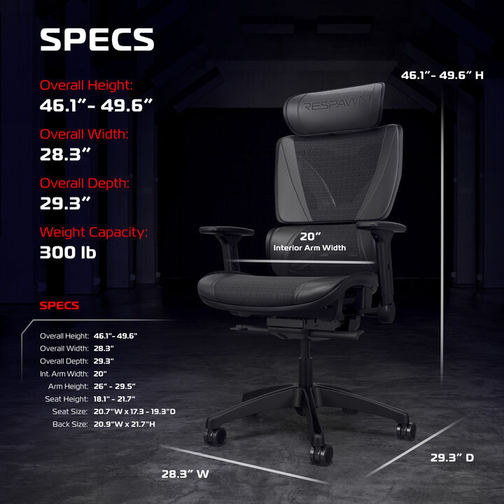 RESPAWN SPECTER Ergonomic Office Chair with Lumbar Support, Headrest, Adjustable Arms - Comfy Breathable Mesh Computer Desk Seat for Home Office, High Back Reclining Gaming Chairs for Adults