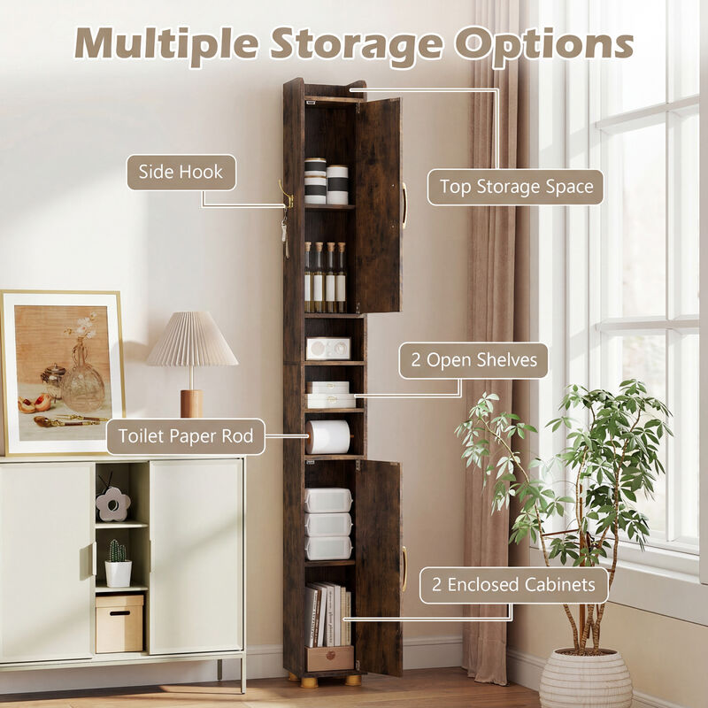 Freestanding Narrow Bathroom Cabinet with Open Shelves and Toilet Paper Holder image number 4