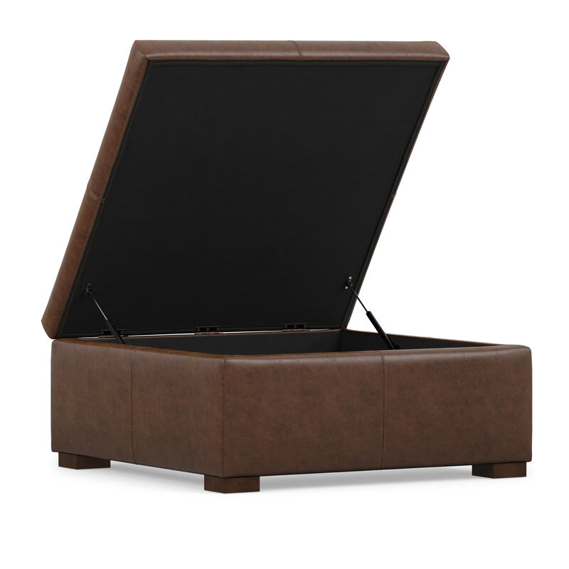 Gabbie 36 inch Wide Contemporary Square Square Coffee&nbsp;Table Storage Ottoman in Distressed Chestnut Brown Vegan Faux Leather, Assembled image number 3