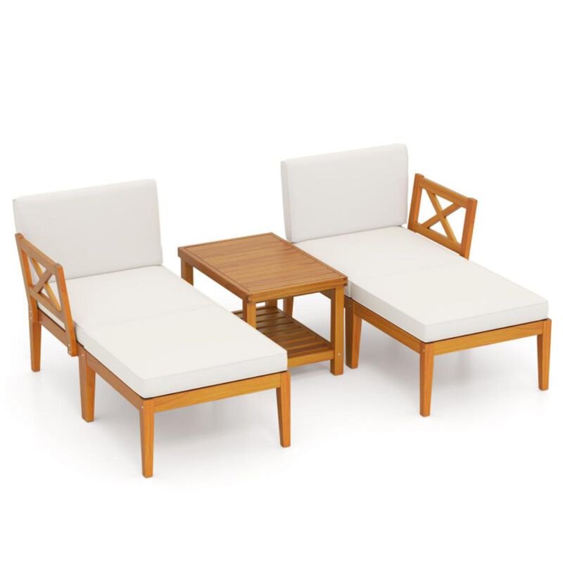 Hivvago 5 Pieces Acacia Wood Patio Chaise Lounge Chair Set with Ottoman and Cushions