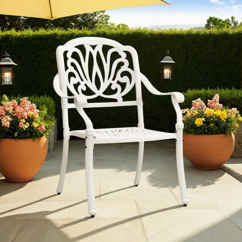 Outdoor Patio Chairs Set of 2, Floral Pattern Backrest, White Aluminum - Benzara