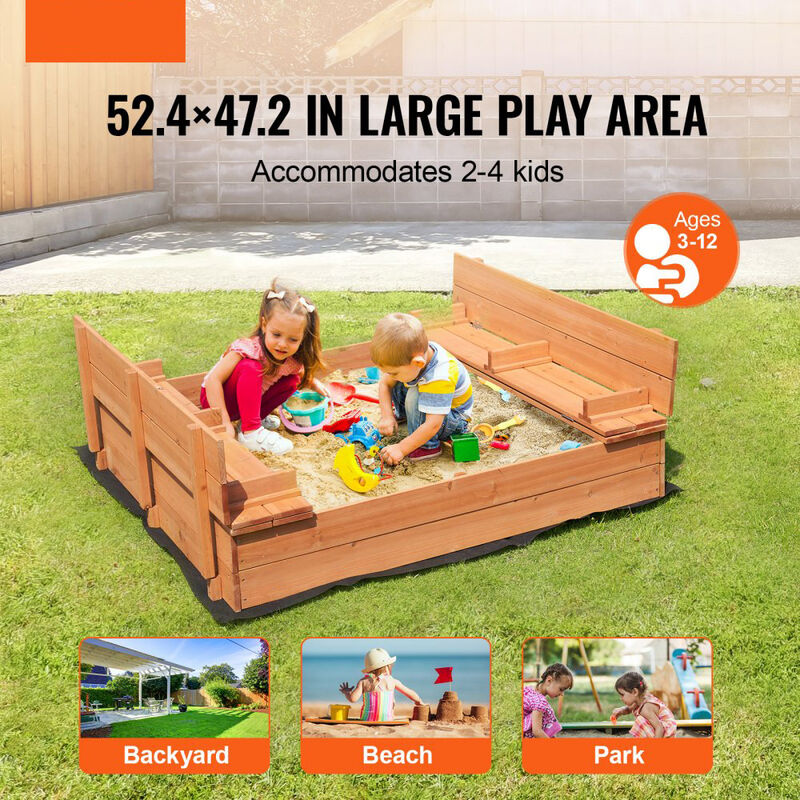 Wooden Outdoor Sandbox with Foldable Benches, Sand Pit with Bottom Liner for Boys and Girls-Natural image number 7