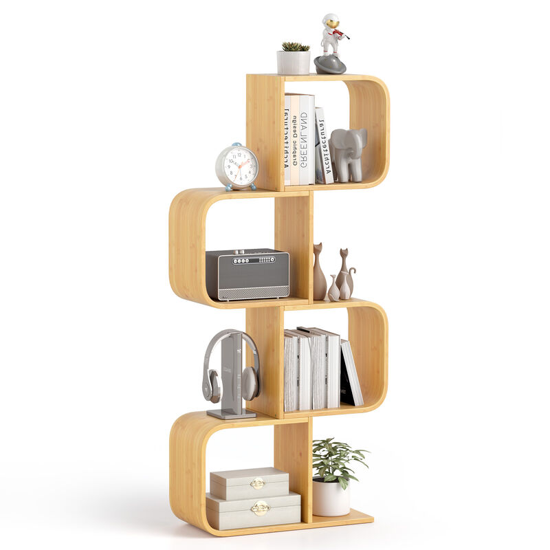 4-Tier S-Shaped Wicker Bookcase with 4 Open Cubes for Living Room Storage Display