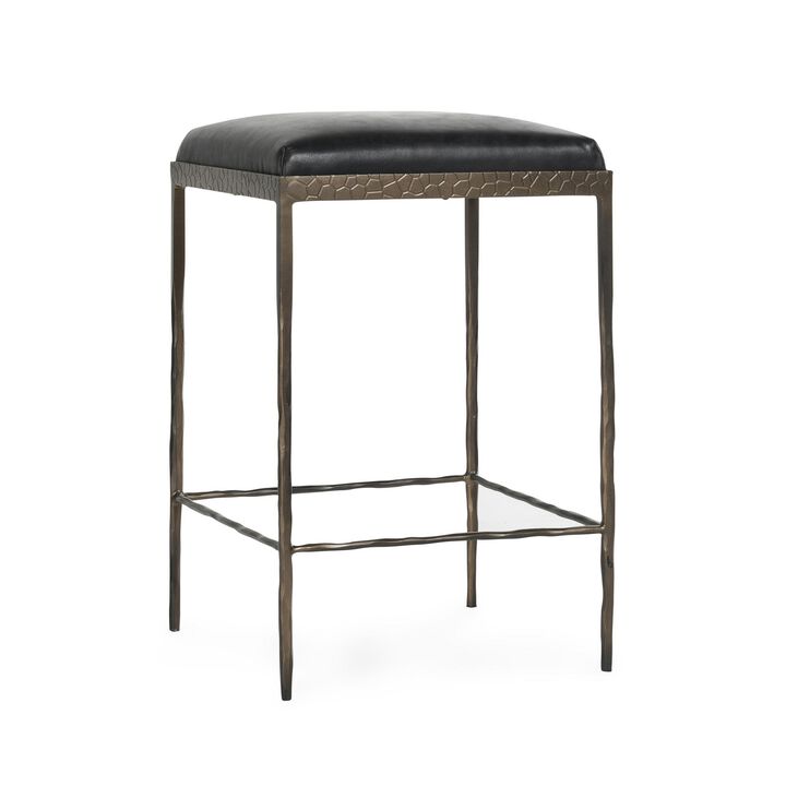 Ocea Counter Stool with Black Leather Seat, Embossed Textured Iron - Benzara