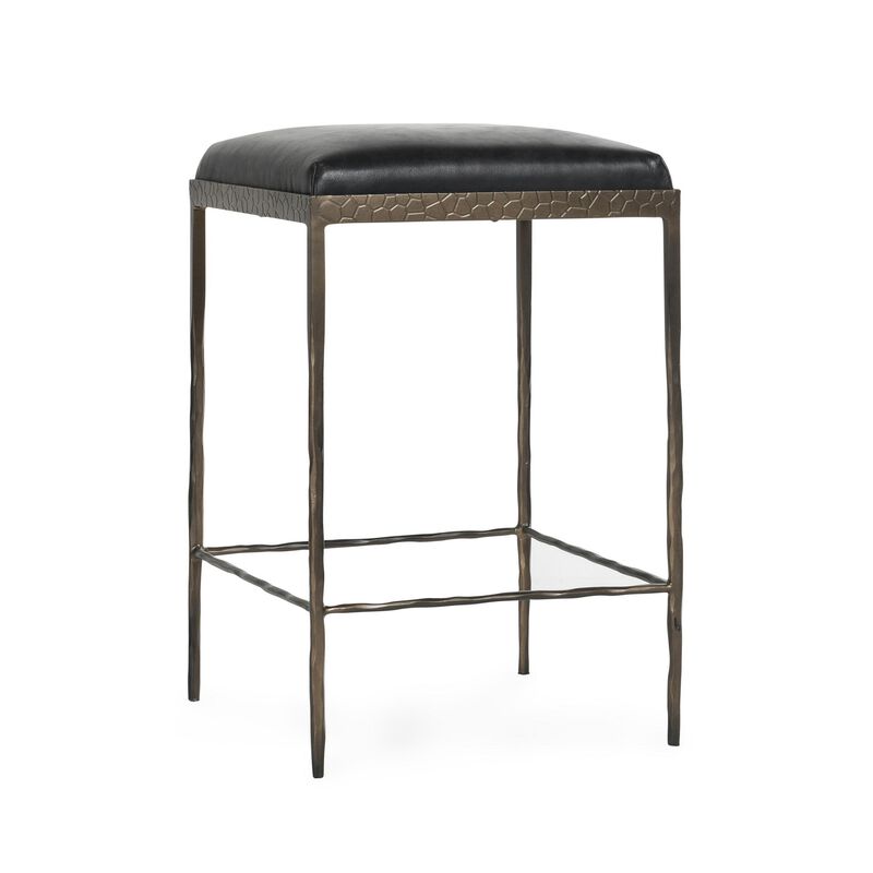 Ocea Counter Stool with Black Leather Seat, Embossed Textured Iron - Benzara