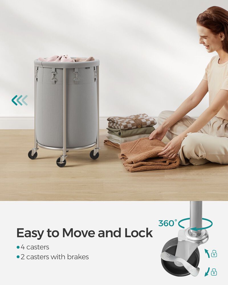 Laundry Basket with Wheels and Removable Bag, Steel Frame, 4 Casters and 2 Brakes