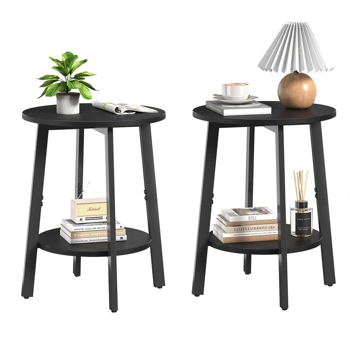 sthmec Side Table Set of 2, Small Round End Table with Storage Shelf for Small Space, 2-Tier Black Bedside Table Sofa Couch Tabl