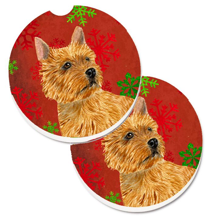 Caroline's Treasures Norwich Terrier Red & green Snowflakes Holiday Christmas Set of 2 Cup Holder Car Coasters SS4706CARC, 2.56, Multicolor