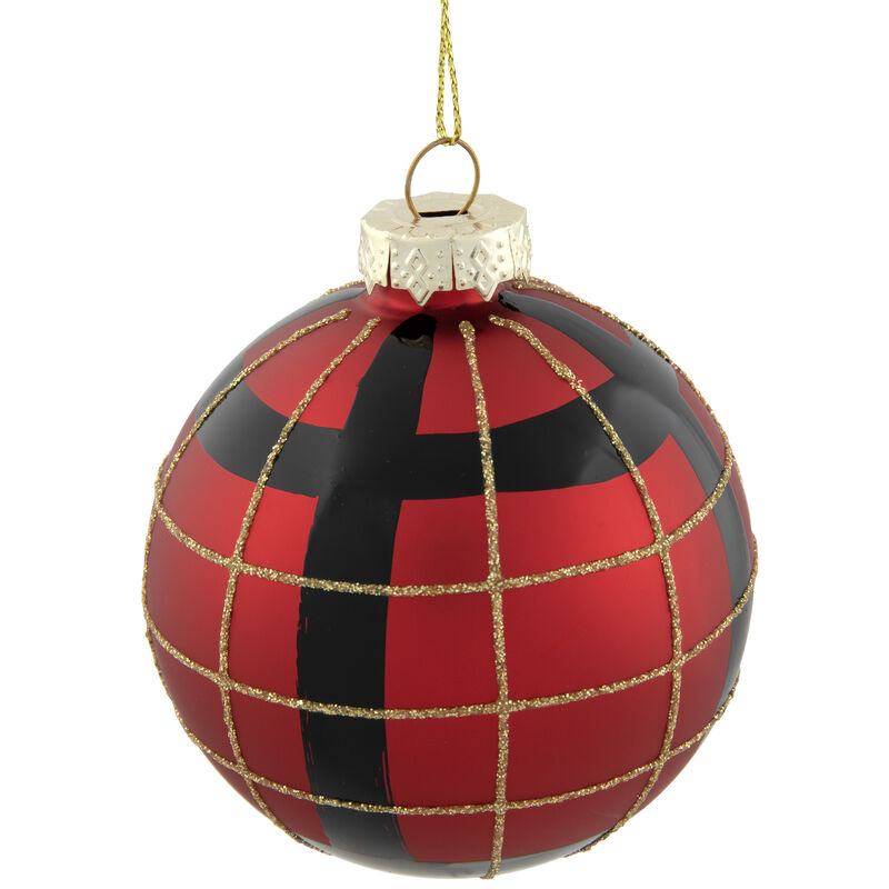 4ct Red  Black and Gold Plaid Glass Ball Christmas Ornaments 3.25" image number 6