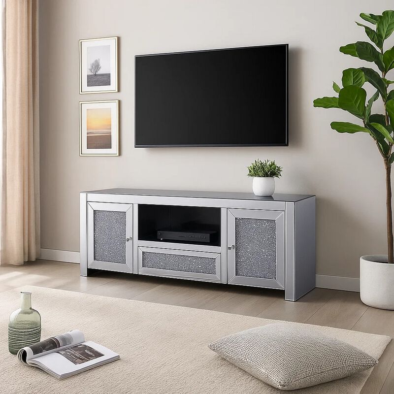 Noe 59 Inch Wood TV Entertainment Media Console, Faux Diamond Inlay, Silver