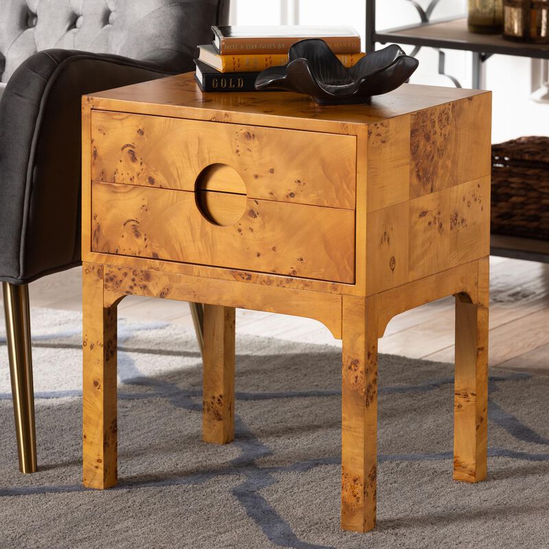 bali & pari Kayla Modern and Contemporary Natural Light Mappa Burl Wood 2 Drawer Nightstand