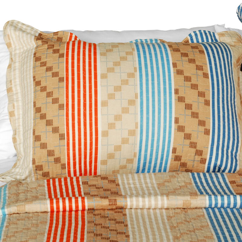 3-Piece Cotton Vermicelli Quilted Striped Printed Quilt Set with Matching Shams image number 2
