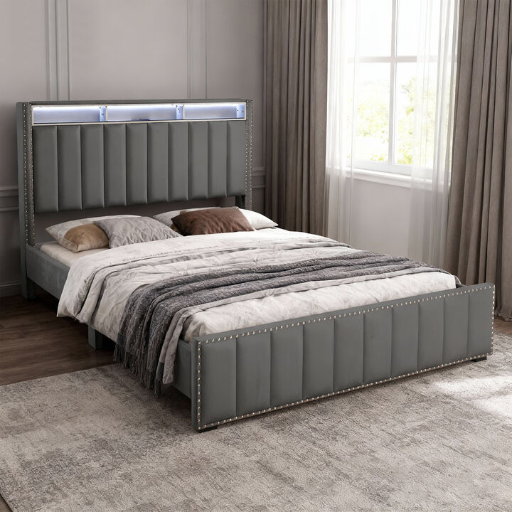 Queen Upholstered LED Contemporary Bed Frame with Touch-Sensitive Light Strip, 3 Adjustable Brightness Levels, Velvet Platform Bed, No Box Spring Needed