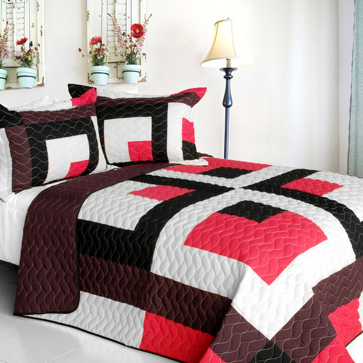 3 Piece Queen Size Quilt Set with Patchwork Design, Hand-Stitched Details, and Reversible Style-Multicolor
