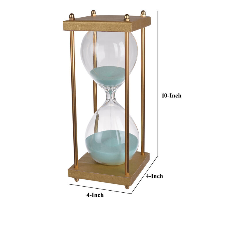 Doug Inch 30 Minute Sand Hourglass with Modern Stand Included, Gold, Blue - Benzara