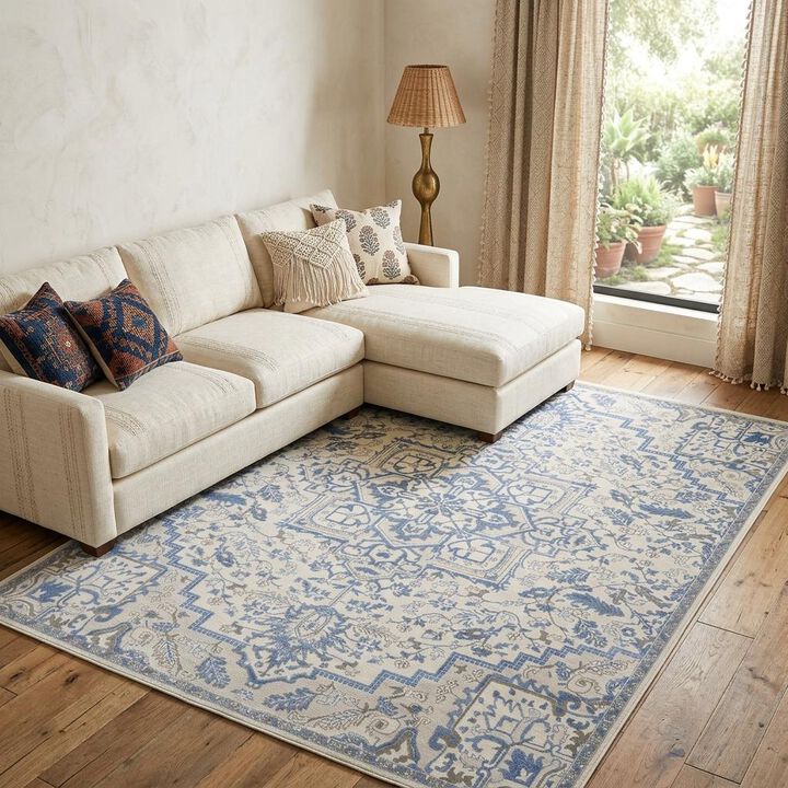HomeRoots 8' X 10' Ivory and Blue Floral Non Skid Area Rug