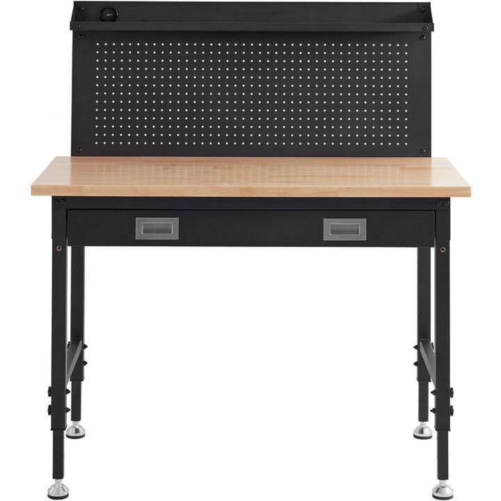 Heavy Duty Garage Workbench with Hardwood Top, Adjustable Height, Steel Frame and 30 Hooks-Black
